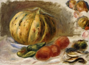 CH656432 Still Life with Melon and Tomatoes; Nature Morte au Melon et Tomates, c.1900 (oil on canvas) by Renoir, Pierre Auguste (1841-1919); 30x39.9 cm; Private Collection; (add.info.: Still Life with Melon and Tomatoes; Nature Morte au Melon et Tomates. Pierre-Auguste Renoir (1841-1919). Oil on canvas. Painted circa 1900. 30 x 39.9cm.); Photo © Christie's Images; French, out of copyright